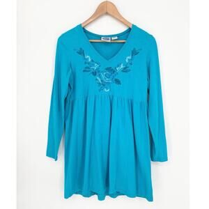 DG2 by Diane Gilman Aqua Blue Floral Embroidered Babydoll Dress Size M